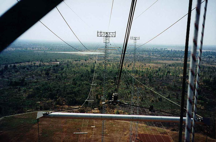 Steve Davis at Voice of America Relay Station, Udorn, Thailand, Spreader Bar view from the Hammerhead, 450 feet. 
