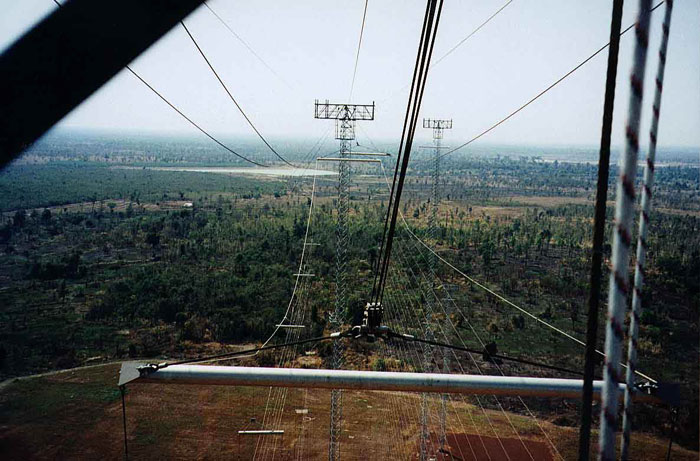 Steve Davis at Voice of America Relay Station, Udorn, Thailand, Spreader Bar view from the Hammerhead, 450 feet.