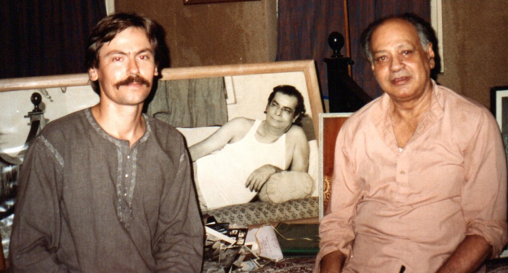 Steve Davis and Abhi Bhattacharya, at Abhi's flat in Bombay (Mumbai), India, February 1993, with photos of Dadaji. Awareness and Alignment